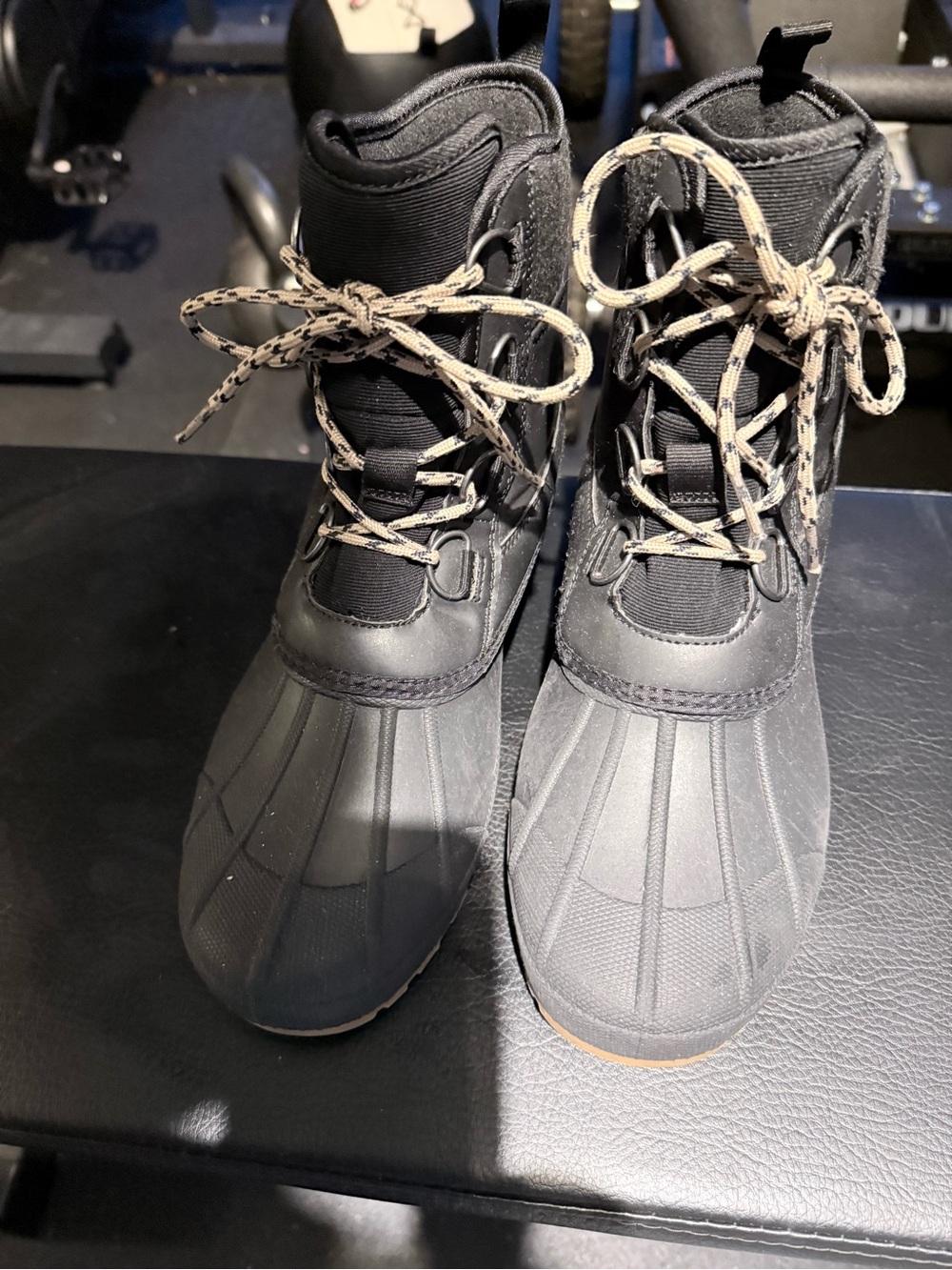 Target Women's Black Winter Duck Boots with Tan Patterned Laces